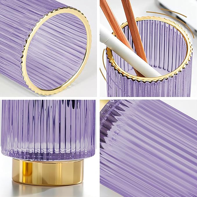 DASITON Makeup Brush holder Organizer,Crystal Cosmetic Makeup Brush Glass Brushes Storage Holder, Vintage Make Up Brush Cup Pen Pencil Holder striped vase(Purple S+L)