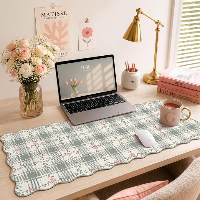 iCasso Light Green Mouse Mat 35.4"x15.7", Desk Shield for Workspace | Stylish Floral Desk Pad Including Stitched Edges, Scalloped Mousepad for Study Dorm Home Office Workspace Area