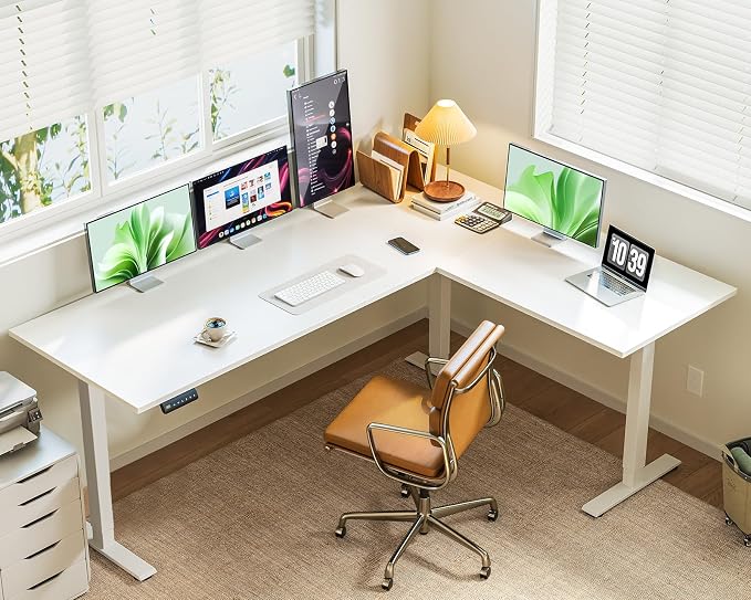 Casaottima 71 Inch L Shaped Electric Standing Desk, Home Office, White | Reversible Corner Desk with Height Adjustment, Ergonomic Sit Stand Table for Home Office, Computer Workstation