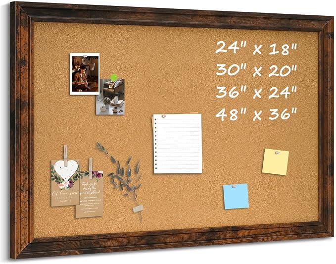 Cork Board Bulletin Board, 36"x24" Corkboard for Wall | Vintage Brown Wooden Frame, Decorative Pin Board, Message Board, Notice Board, Vision Board for Home, Office, Kitchen