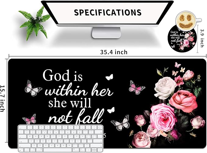 Extended Large Gaming Mouse Pad with Coaster - 35.4 x 15.7 Full Desk Mousepad - Stitched Edges - Ultimate Gaming Desk Mat - Bible Flowers