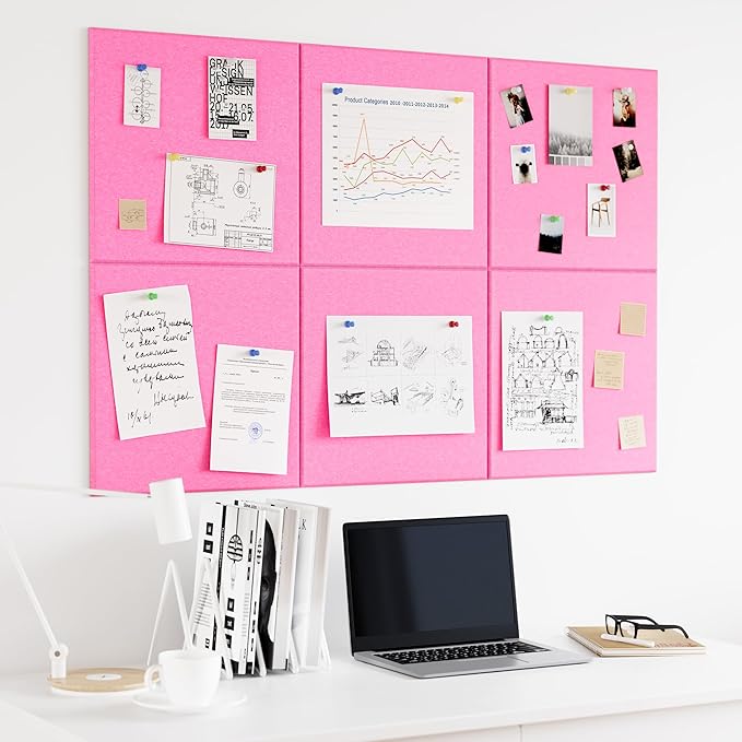Large Cork Board for Wall, 36" x 24" Bulletin Board with Pushpins, 6 Panels Felt Tiles Tack Push Pin Board for Office, Pink