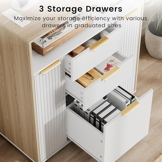 Fluted Mobile File Cabinet with Charging Station | 37" Rolling Storage Cabinet with 3 Drawers, Printer Stand with Wheels for Home Office, Light Walnut