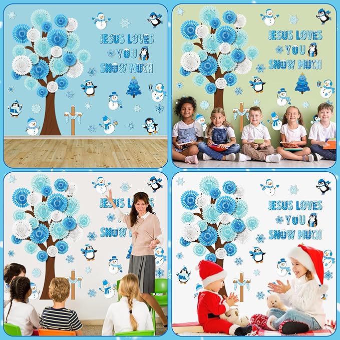 79 Pcs Winter Bulletin Board Decorations Jesus Loves You Snow Much Classroom Decor 3D DIY Christmas Tree Paper Fans Snowman Snowflake Penguins Cutouts for Winter Xmas Home School Wall Decor