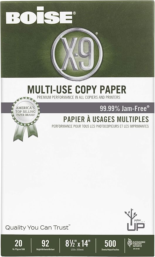 Boise X-9 Multi-Use Printer & Copy Paper, 10 Reams, White, Legal (8.5in x 14in), 5000 Sheets Per Case, 20 Lb, 92 Brightness