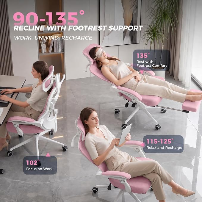 CYKOV Ergonomic Office Chair, Reclining, Footrest, Adjustable Lumbar, 350LB | 4-Way Headrest (4.72" + 60°), 2-Way Lumbar (2" + 1.18"), 90-135° Recline, Breathable Mesh, Gaming & Office, 5-Year Warranty