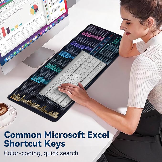 Excel Cheat Sheet Desk Pad and Gaming Mouse Pad with A Non-Slip Rubber Base | Features 7 Dedicated Shortcut Key Zones, Constructed from Waterproof Material 31.5L x 11.8W in Stitched Edge Excel Mouse Pad