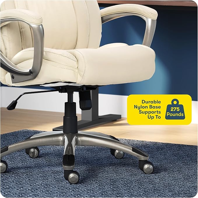 Serta Garret Executive Office Chair, Ergonomic Mid-Back with Lumbar Support, Semi-Plush Cushion and Body Pillows, Padded Armrests, Swivel Base, Bonded Leather, Ivory White