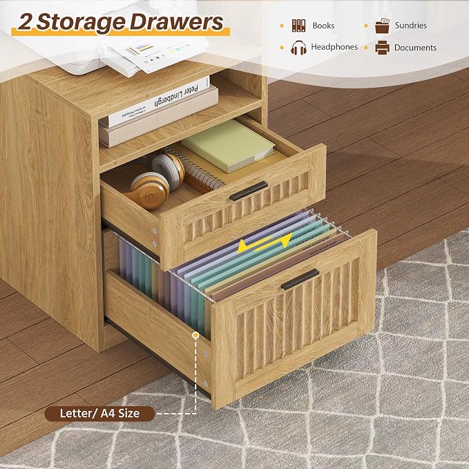 63" Fluted L Shaped Desk with Drawers & Storage Shelves for Home Office | Corner Desk with Power Outlets & LED Lights, L-Shaped Office Desks with File Drawer, Printer Shelf, Monitor Stand, Oak