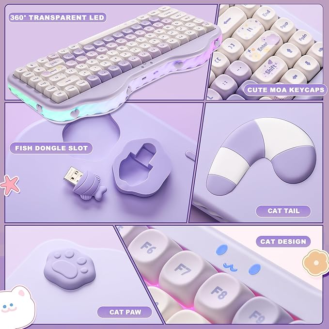YUNZII C75 Wireless Mechanical Keyboard,75% Layout, Hot-Swappable NKRO,BT5.0/2.4G/USB-C Mode,Dye-Sub PBT MOA Keycaps,RGB Gasket Mount,Cute Cake Design for Mac/Win/Gaming (Purple, Milk V2 Switch)