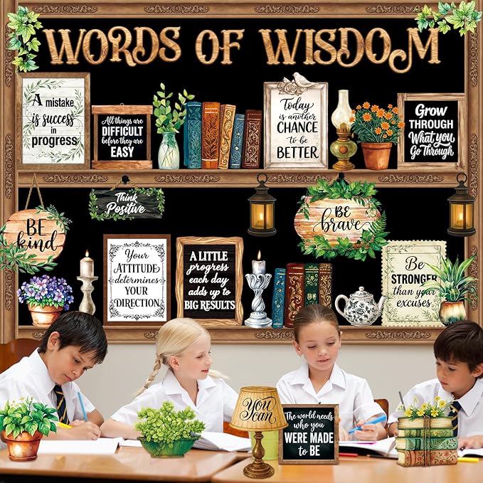 Mooliwe 57 Pcs Greenery Bulletin Board Set Classroom Decor Vintage Plant | Motivational Quotes for School Office, Plant Cutouts with Greenery, Farmhouse Style Chalkboard Classroom Wall Decor