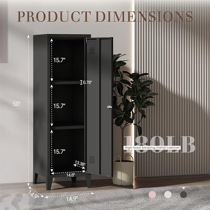 Locker Cabinet, 50" Black Small Metal Locker Storage Cabinet for Employees with Locking Door and 2 Shelves Kids Locker Tool File Cabinets for Bedroom, Home Office, Garage, Bathroom