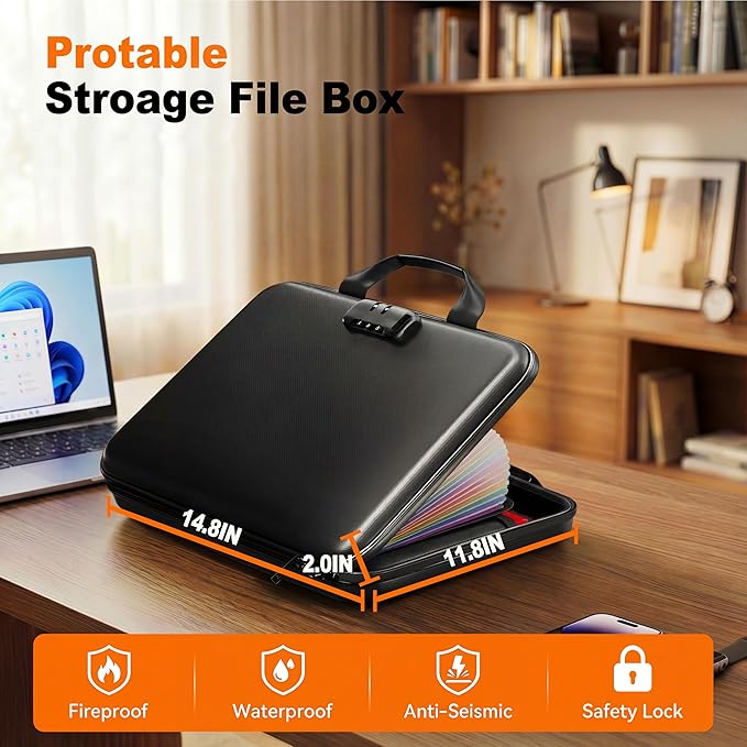 Fireproof Accordion File Organizer with Lock,Hard-Shell Fireproof Document Box with 13 Pockets for Certificates, Passports Laptop Important Documents Portable Home Office Travel Safe Storage