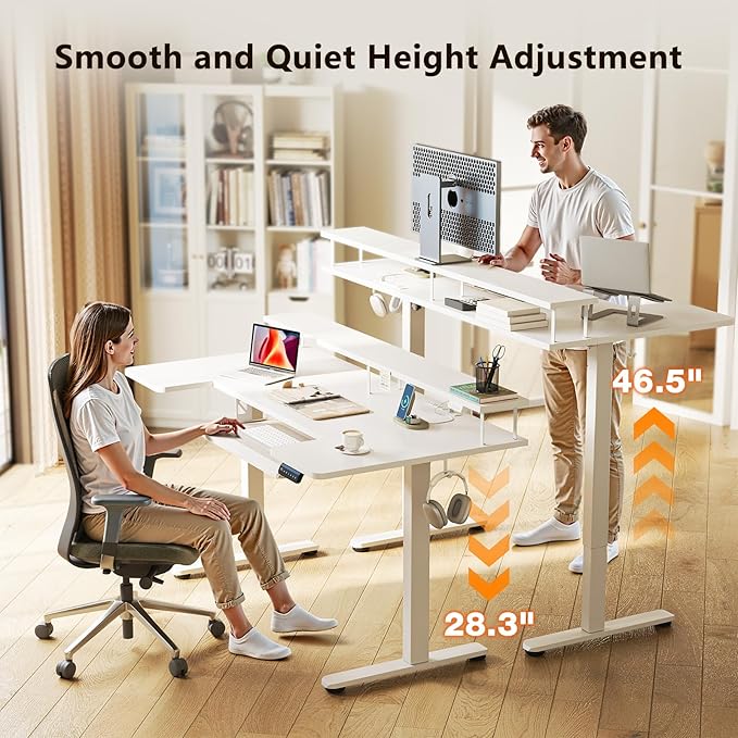 55 Inch U Shaped Electric Standing Desk with Keyboard Tray, White | 3 Outlets & 2 USB Ports, Dual-Monitor Stand, 10 Colors & 10 LED Modes, 3 Presets, 28.3"-46.5"in Range, 154 lb Capacity