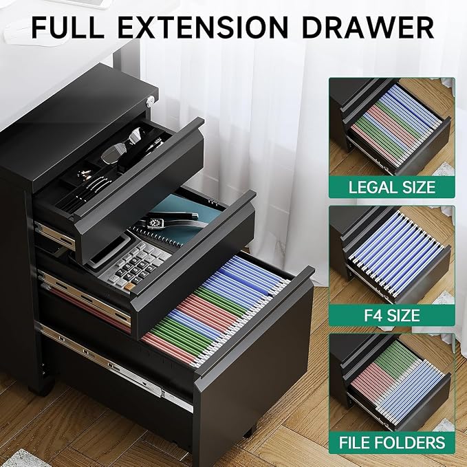 3 Drawer Mobile File Cabinet with Lock, Under Desk Metal Rolling Filing Cabinets for Home Office Organizer Letters/Legal/A4 (Black- Requires Installation) (Black)