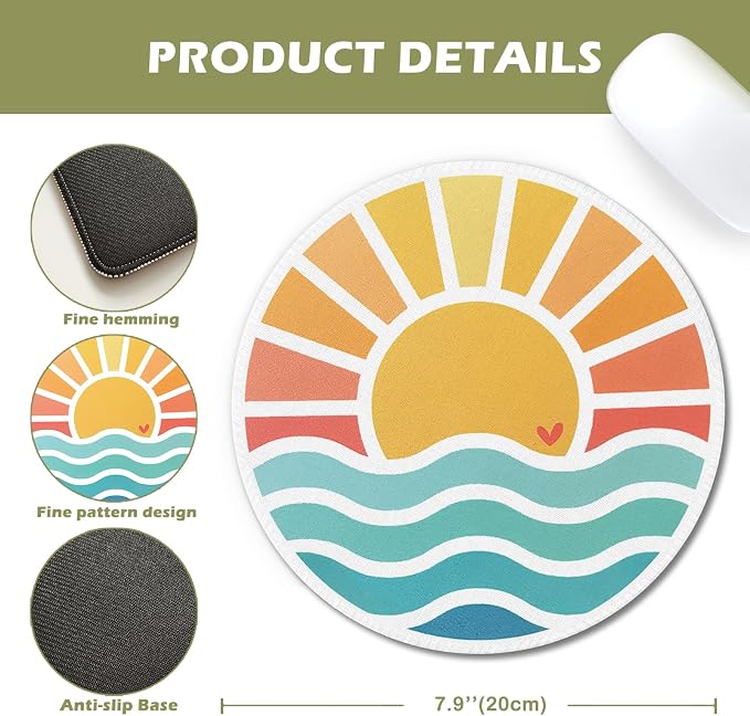 Boho Sunset Ocean Waves Beach Round Mouse Pad 7.9x7.9in | Beach Office Decor,Nautical Coastal Sun Mousepad Mouse Mat for Computer Laptop Home Office Dorm Desk Accessories