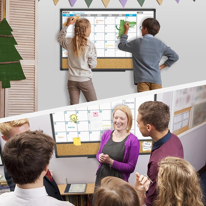 XBoard Monthly Whiteboard Calendar with Cork Board, 36" X 24" | Magnetic Dry Erase Calendar and Corkboard Combo for Planning Organization