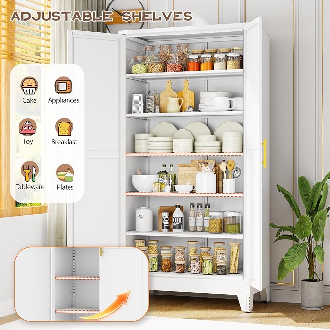 winiowa 78.7" Tall Metal Pantry Cabinet, Kitchen Storage Organizer, White | with 2 Doors and 5 Adjustable Shelves, Versatile Storage Cupboard for Kitchen, Laundry, Dining & Utility Room