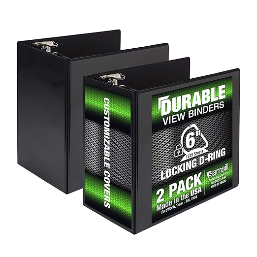 Samsill Durable 6 inch 3 Ring Binder, Locking D Ring 100% Recycled Chipboard, Black, 2 Pack