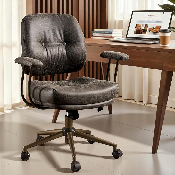 ovios Home Office Chair with Thick Cushion, Mid-Century Modern Faux Leather Ergonomic Chairs, Mid Back Swivel Rolling Computer Executive Armchair (Dark Grey, Suede Leather)