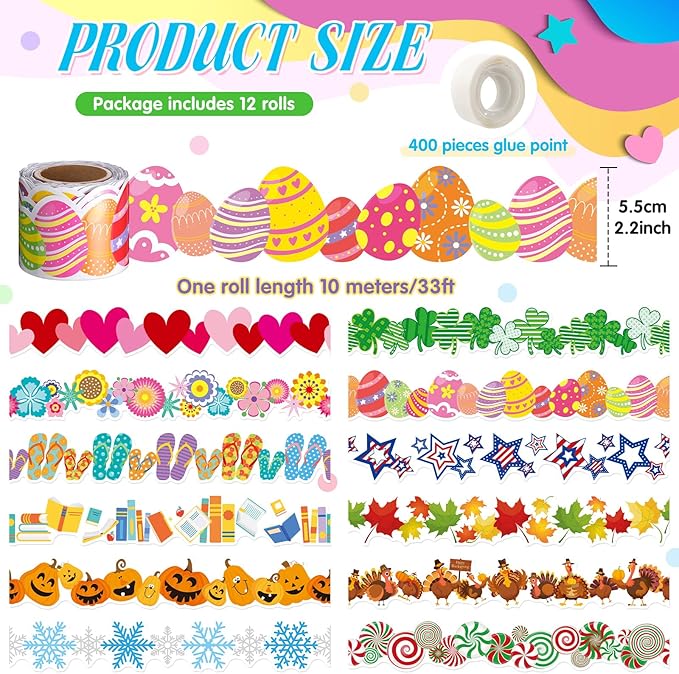 Geyee 12 Rolls 394 ft Holiday Bulletin Board Borders Seasonal Bulletin Board Decorations Easter Summer Trim for School Classroom Wall Decor