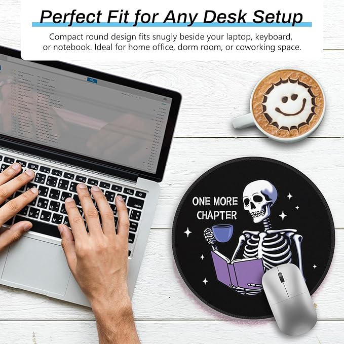 Gctriki Funny Skull Mouse Pad, 8.6" Round Mousepad with Stitched Edge & Non-Slip Base, Comfortable Mouse Pads for Computer Laptop, Unique Office Decor & Home Desk Accessories Book Lovers Gothic Humor