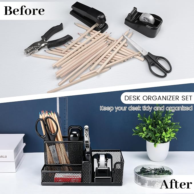 Black Office Desk Accessories, 9 Pcs Desk Organizers and Accessories with Mesh Pen Holder, Stapler, Tape Dispenser, Hole Punch, Office Supplies Set for Office Home School Women Students Gift