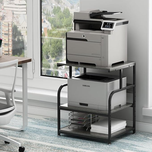 Fannova Gray Printer Stand, 23.6"x18.9" Large Printer Table with Storage | Height Adjustable Middle Shelf, Heavy Duty Industrial Wheels, 3 Tier Rolling Cart for 3D Printer, Home Office Furniture