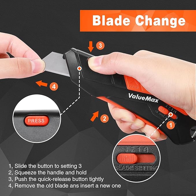 ValueMax 2-Pack Box Cutter Knife, Cardboard Cutter with Self-Retracting 3-Position Locking Blade, Safety Sheath, Lanyard, Extra 18 Blades Included, Blade Storage Design