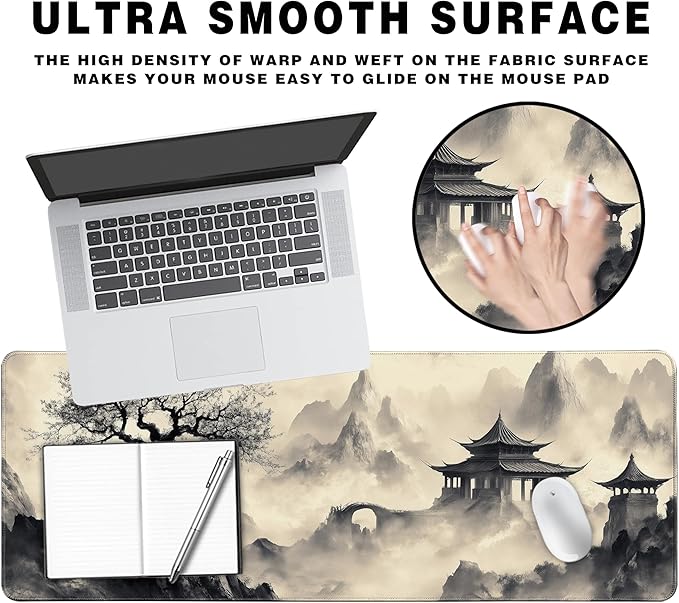 Long Gaming Mouse Pad Extended Anime Large Desk Pad with Non-Slip Base Full Keyboard Mat with Stitched Edges for Gaming and Office 31.5 x 11.8 inches (Black Ink Painting)