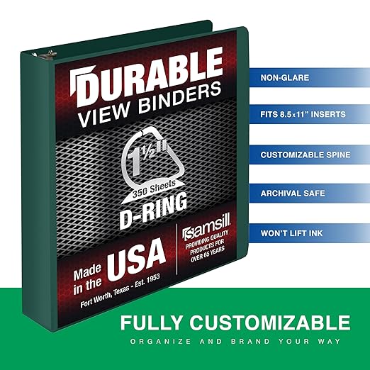 Samsill Durable 1.5 Inch Binder, D Ring Binder, Customizable Clear View Cover, Forest Green, Holds 350 Pages