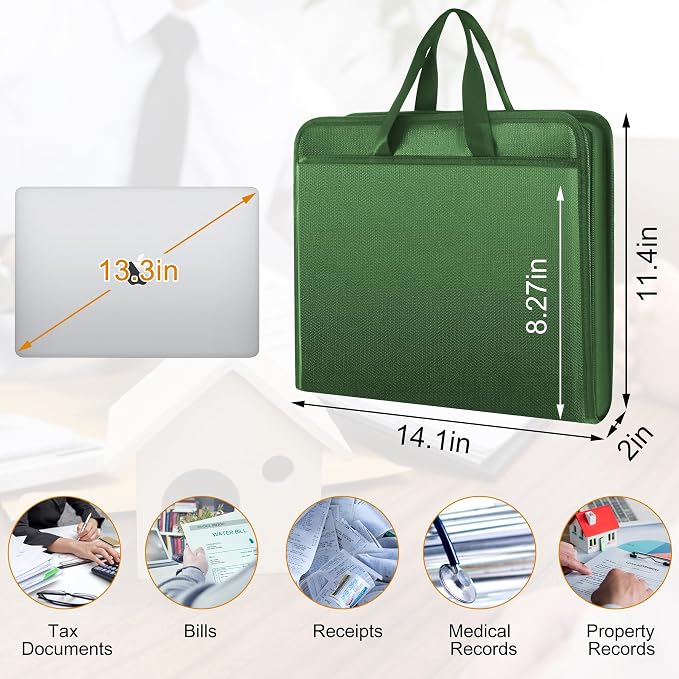 onvvippiv File Organizer Fireproof Expanding Accordion File Folder | Document Organizer Holder Storage Box Bag with Zipper Labels 13 Pockets for Business Office Receipt Home Travel