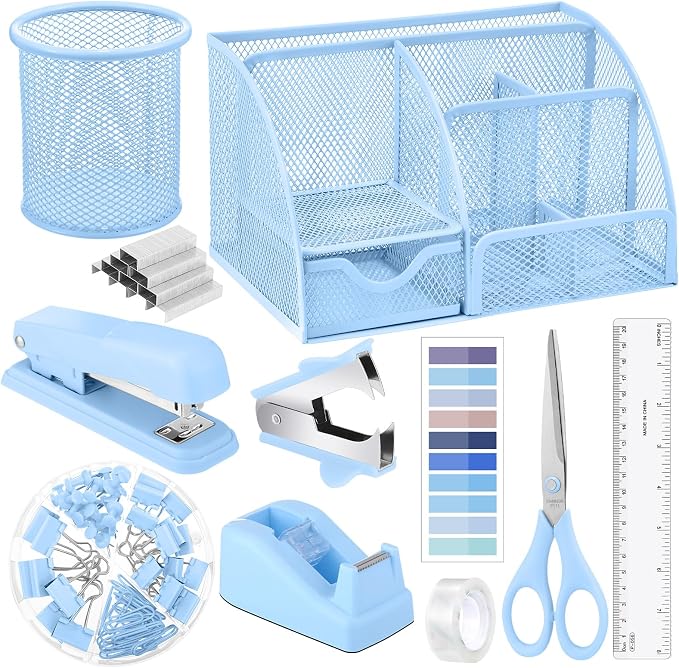 11 In 1 Blue Desk Organizer And Accessories, Light Blue Office Supplies Include Stapler, Tape Dispenser, Pen Holder, Staple Remover, Clips, Ruler, Scissors, Tapes, Tabs