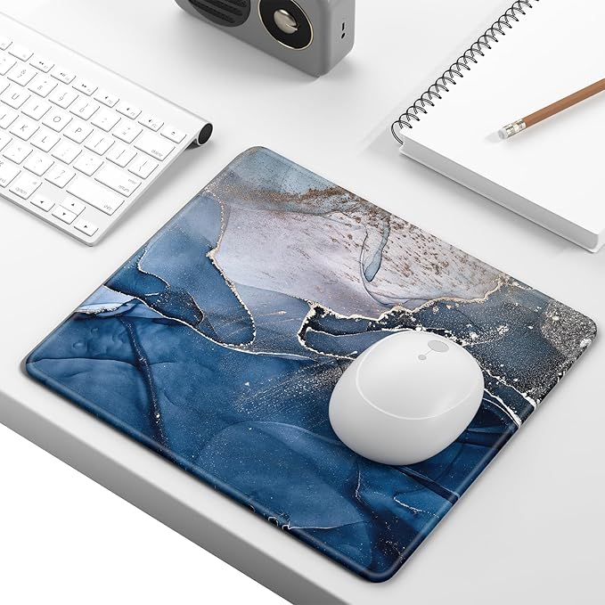 Mouse Pad, Minimalism Marble Style Computer Pad, Anti-Slip Rubber Mouse Mat with Stitched Edges for Gaming, Office, Laptop, PC, Women, 9" x 8" Thick 3 mm, Blue Marble