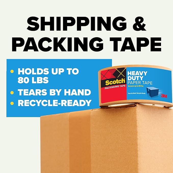 Scotch Box Lock Paper Packing Tape, Kraft Brown, Extreme Grip Kraft Paper Tape That Recycles with The Box, Moving Supplies, 1.88 in. x 25 yd., 1 Tape Roll