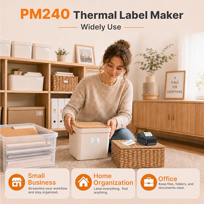 PM240 Label Maker Machine with Tape, Label Printer Black, Set 1 | 2'' Bluetooth Thermal Sticker Label Maker for Small Business, School Supplies, Classroom, Home Office with Multiple Templates