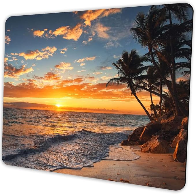 Sunset Beach Mouse pad 9.5"x7.9" Non-Slip 3mm Small Computer Pad | Personalized mousepad with tropical ocean palm landscape print. Premium smooth fabric surface, 3mm cushion & rubber base.