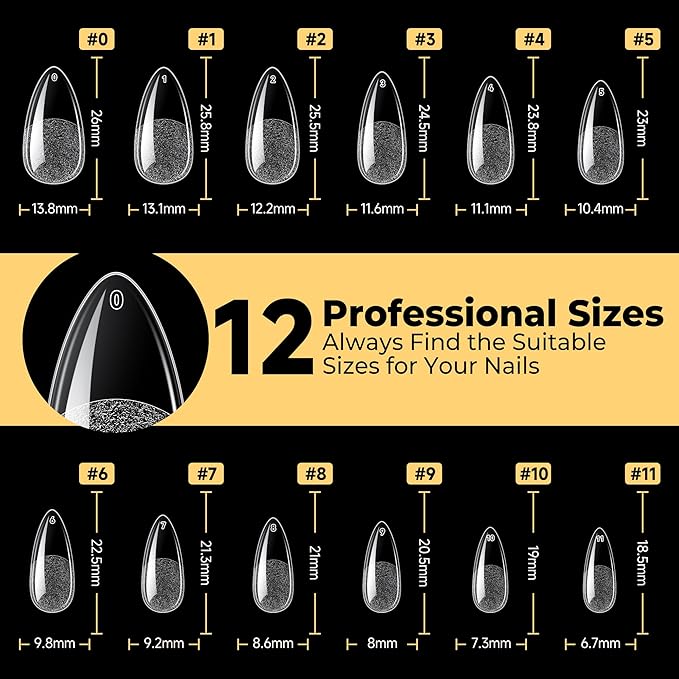 UNA GELLA Medium Almond Nail Tips, Almond Gel Nail Tips, 240pcs Pre Etched Soft Gel Full Cover Press on Clear Acrylic Fake Nails for Nails Extensions No C Curve DIY Salon at Home 12 Sizes