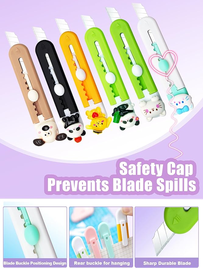 6 Pack Box Cutter Retractable, Sharp Utility Knife Retractable, Cute Box Cutters for Office, Home, Arts Crafts, Cartons, Cardboard Multi-Colors