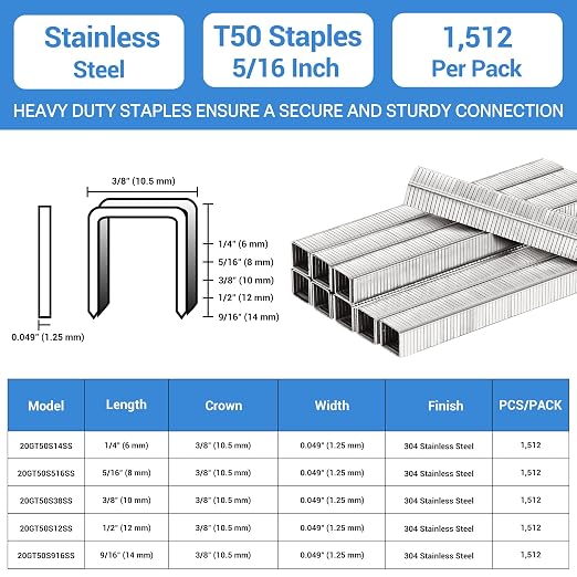 meite T50 Stainless Steel Staples Marine, 5/16 Inch Heavy Duty Staples for Staple Gun - 1512 Counts, 20 Gauge 3/8 Inch Crown T50 Upholstery Staple for Salt Water, Marine Applications