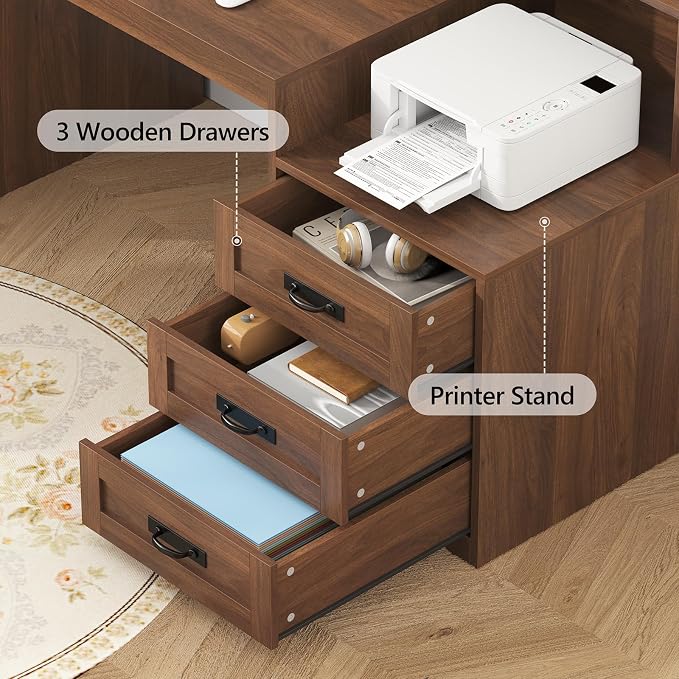 65" Farmhouse Computer Desk with Drawers and Printer Stand for Home Office | Office Desk with Power Outlets and Storage Cabinet, Study Writing Desks with Long Monitor Stand, Brown