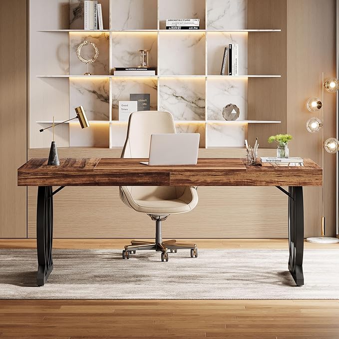 Tribesigns 63-Inch Executive Desk, Modern Office Computer Desk with Stylish Gold Legs, Rectangular Workstation for Home Office, Small Conference Table for Meeting Room (Brown & Black)