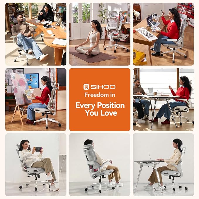SIHOO B100 Mesh Ergonomic Office Chair with Adaptive Lumbar Support | Desk Chair with Wide Headrest, Flip-up Armrests, Swivel Desk Chair for Long Hours, Grey