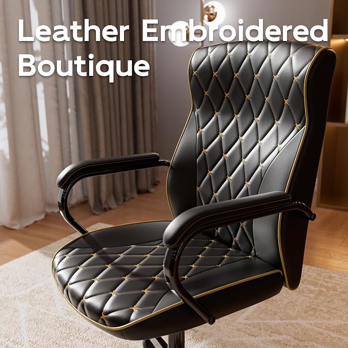 Black Office Chair, Luxury Leather Executive Desk Chair | Elegant Timeless Appeal, Vintage Mid Back Styling with Wheels and Padded Arms, Thick High Density Foam Comfort
