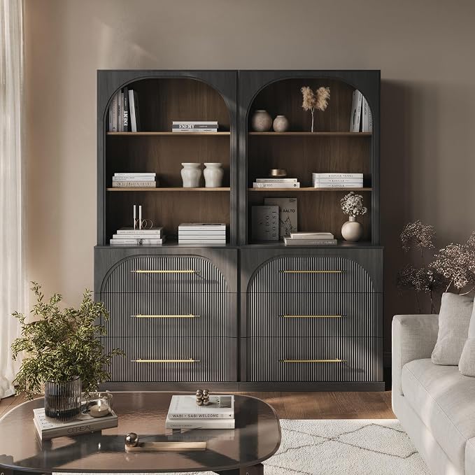 BELLEZE Display Storage Cabinet with Hutch Set of 2, 72" Tall Wood Modern Bookshelf with 3 Drawers, Cabinet for Office, Study, Kitchen, Dining Living Room, Ebony