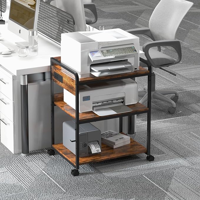 3-Tier Large Printer Stand with Power Outlet and Adjustable Storage Shelf | Printer Table for Home Office 25.2" x 18.9" Printer Cart with Wheels Rolling Cart for a CPU Tower or Shredder,Brown
