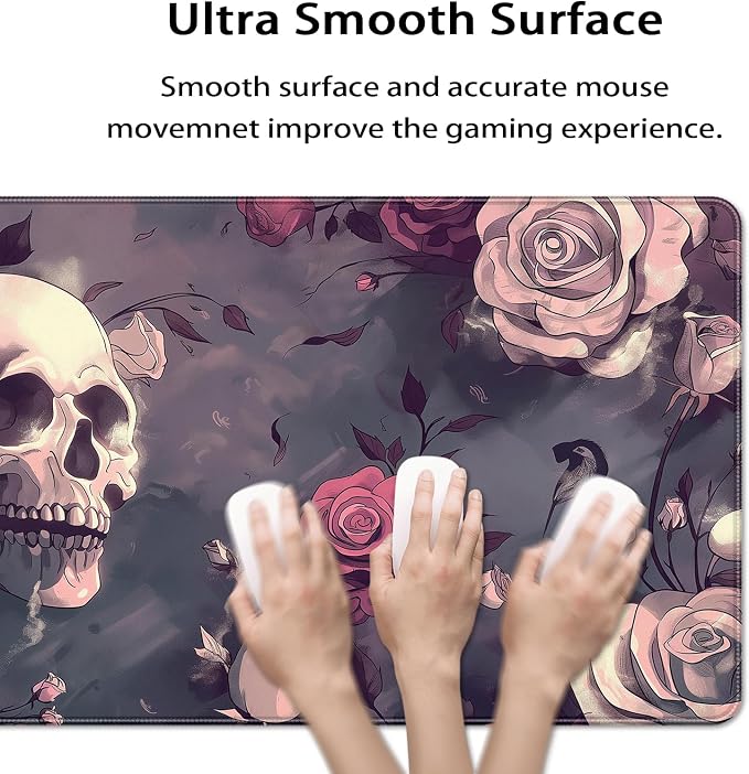 35.4 x 15.7 in, XXL Large Mouse Pad for Desk, Extended Keyboard Mouse Mat for Computer Office, Big Mouse pad with Stitched Edges, Gaming Pc-Skull red Pink Rose Butterfly