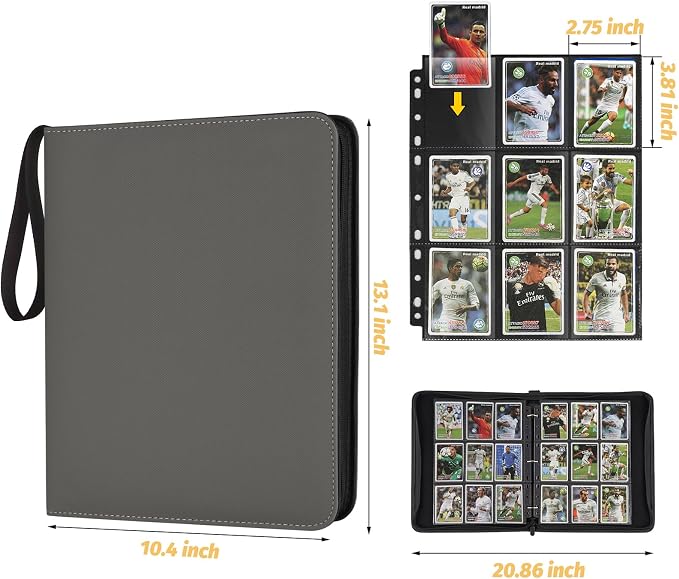 GERMUN 3 Ring 9 Pocket Zipper Card Binder, 720 Double Sided Standard PU Trading Card Album Folder for TCG & Sports Cards, Not Fit Top Loaders (GREY)
