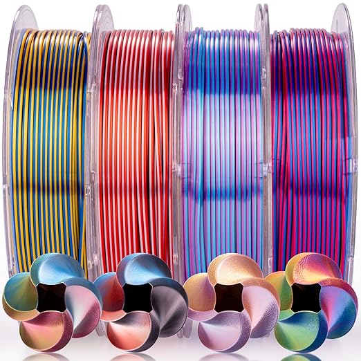 AMOLEN Silk PLA 3D Printer Filament Bundle, Shiny Silkverse 4 Colors in 1 Filament 1.75mm Pack Multi Color from 4 Angles, 4×200g