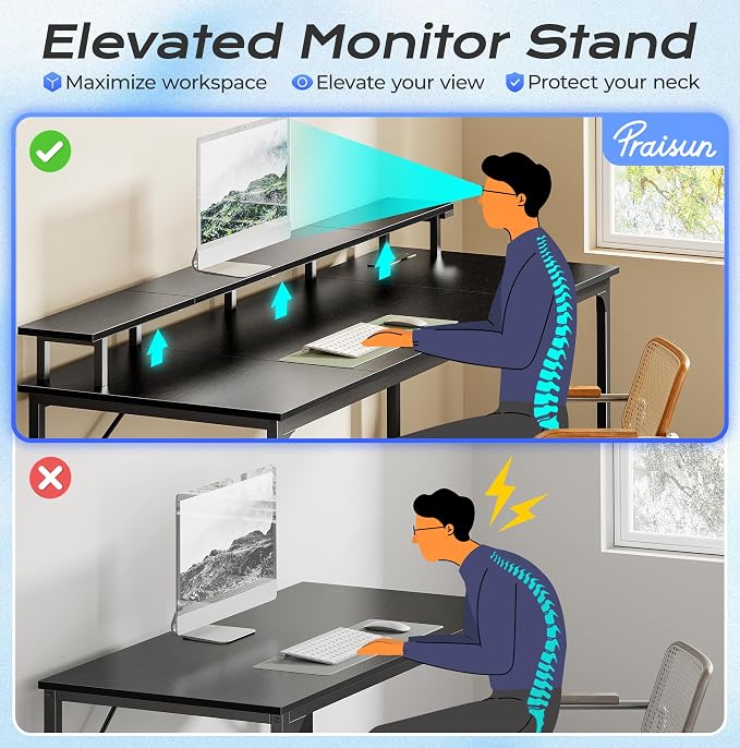63 inch Gaming Desk, LED & Power Outlets, Monitor Stand, Black | Sturdy PC Desk for Home Office, Study & Work, LED Lights, 4 AC Outlets & USB-C Charging Station